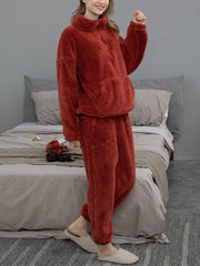 Women's Plush Fluffy Pajama Set with Kangaroo Pocket Pullover & Jogger Pants