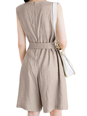 Cotton Solid Sash Pocket Sleeveless Round Neck Zip Casual Romper