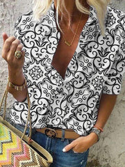 Women Design Print Lapel Collar Long Sleeve Ethnic Blouse