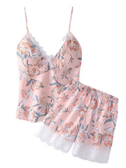 Women's Floral Lace Trim Pajama Set - Smooth Vest & Shorts