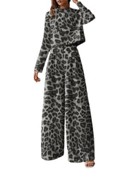 Leopard Print Button Zip Long Sleeve Crew Neck Two Pieces Set