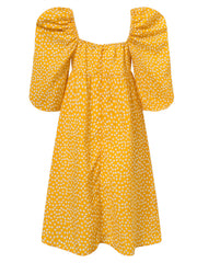 Women Puff Sleeve Thigh Pleating Puff Sleeve Length Floral Midi Dresses