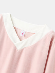 Women's Cozy Velour Pajama Set with Contrast V-Neck & Embroidered Cuffs