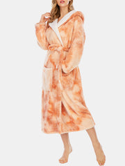 Women's Tie Dye Fleece Hooded Sleepwear Robe with Pockets