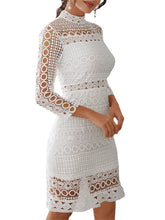 White Lace Hollow Out Design High Neck Long Sleeve Elegant Dress