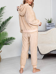 Women's Fleece Hoodie & Jogger Pajama Set - Cozy Solid Color Loungewear