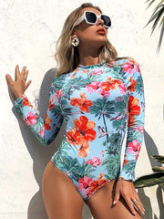 Tropical Leaves Print High Neck Backless Long Sleeve Slimming One Piece Women Swimwear