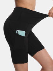 Sport Women Solid Color Elastic High Waist Yoga Running Biker Shorts With Pocket