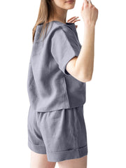 Leisure Solid Elastic Waist Pocket Short Sleeve Cotton Suit