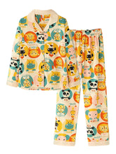Women's Cartoon Animal Print Cotton Pajama Set - Button Up, Long Sleeve, Elastic Waist