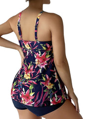 Plus Size Floral Tankini Swim Dress - Women's Open Back Camisole Swimsuit for Vacation