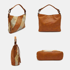 Women Faux Leather Fashion Color Block Tassel Crossbody Bag Shoulder Bag