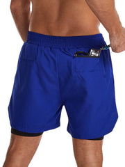Men Solid Color Quick Dry Sports Running Casual Stretch Double Layered Board Shorts