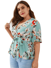 Plus Size Floral Print V-neck Short Sleeve Holiday Casual Blouse