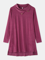 Women Solid Color Button Cowl Neck Split Hem Casual Long Sleeve Mini Dress
