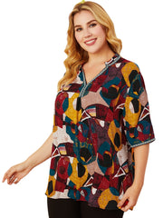 Plus Size Women Abstract Print V-Neck Half Sleeve Vintage Blouses