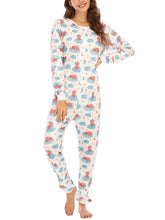 Plus Size Women Cute Cartoon Bear Print Round Neck Long Sleeve Half Button Home Sleepwear Rompers