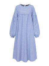 Women Plaid Puff Sleeve High Waist Bohemian Casual Loose Midi Dress
