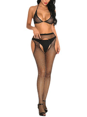 Women Triangle Halter String Backless Mesh High Waist See Through Lingerie Sets