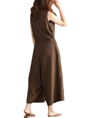 Women Wide Leg Cotton Solid Color V-Neck Sleeveless Jumpsuit with Pockets