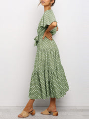 Women Polka Dot V-Neck Short Sleeve Casual Dresses With Belt