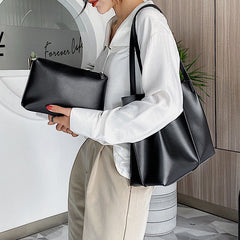 2 Pcs Women PU Leather Rivet Hasp Wild Large Capacity Ruched Bag Shoulder Handbag