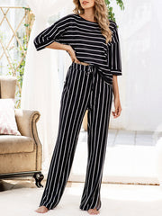 Women's Striped Pajama Set: Round Neck Top & Pocket Pants