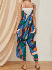 Multicolor Color Block Print Drawstring Pocket Strap Casual Jumpsuit