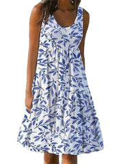 Women‘s Sleeveless Print Beach Holiday U Neck Casual Dress