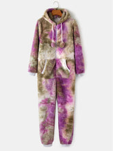 Women Tie Dye Fluffy Plush Zipper Front Kangaroo Pocket Home Jumpsuits