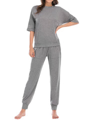 Women's Comfy 3/4 Sleeve Pajama Set - Solid Color Top & Long Pants