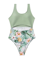 Women's Swimwear One Piece Normal Swimsuit Printing Floral Purple Green Bodysuit Bathing Suits Sports Beach Wear Summer