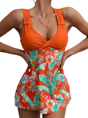 Women's Swimwear Tankini 2 Piece Normal Swimsuit Backless High Waisted fold over Print Floral Leaf Light Blue Blue Orange Red Brown V Wire Bathing Suits New Vacation Holiday / Modern / Padded Bras