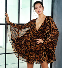 Love&Lemonade  Deep V-Neck Open Back Cloak Style Leopard Chiffon Dress LM81368