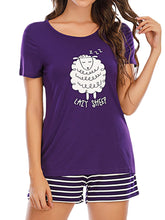 Plus Size Cartoon Animal Print Pajama Set: Short Sleeve Top & High Waist Stripe Shorts