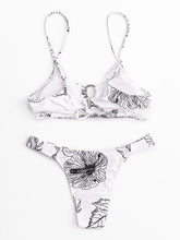 Women Simple Plant Print Hollow Ring Backless Swimsuit Thong Bikini For Swimming