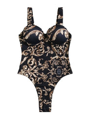 Women's Swimwear One Piece Monokini Normal Swimsuit Tummy Control Open Back Printing Floral Dusty Blue Underwire Padded Strap Bathing Suits New Vacation Sexy