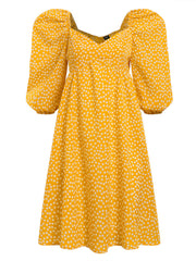 Women Puff Sleeve Thigh Pleating Puff Sleeve Length Floral Midi Dresses