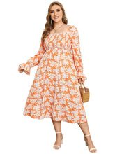 Plus Size Square Neck Floral Print Shirring Backless Dress