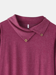 Women Solid Color Button Cowl Neck Split Hem Casual Long Sleeve Mini Dress