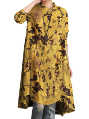 Women Floral Printed Knee Length High Low Stand Collar Button Cuffs Shirts