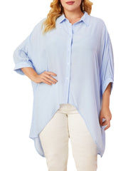 Plus Size Women Lapel High Low Asymmetrical 3/4 Sleeve Casual Longline Shirts