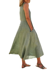 Women's Crew Neck Sleeveless Solid Color Ruched Casual Modern Linen Dress