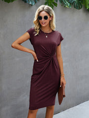 Casual Twist Solid Fitted Dress - High Waist, Knee Length, Batwing Sleeves
