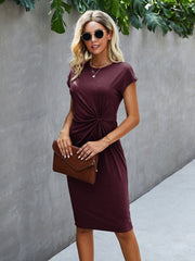 Casual Twist Solid Fitted Dress - High Waist, Knee Length, Batwing Sleeves