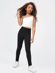 Girls' High Waist Bodycon Leggings - Solid Color, Pocket, Long, Slight Stretch