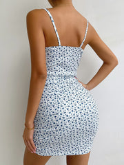 Boho Floral Ruched Bodycon Dress - Sleeveless, Spaghetti Strap, Slim Fit, Short Length