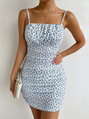 Boho Floral Ruched Bodycon Dress - Sleeveless, Spaghetti Strap, Slim Fit, Short Length