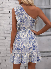 Boho Floral Print One Shoulder Ruffle Trim Belted Dress - Asymmetrical Neck, Cap Sleeve, High Waist, Wrap Hem, Short Length, 100% Polyester
