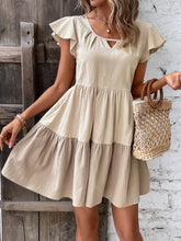 Cute Colorblock Smock Dress - Keyhole Neckline, Ruffle Hem, Cap Sleeves, High Waist